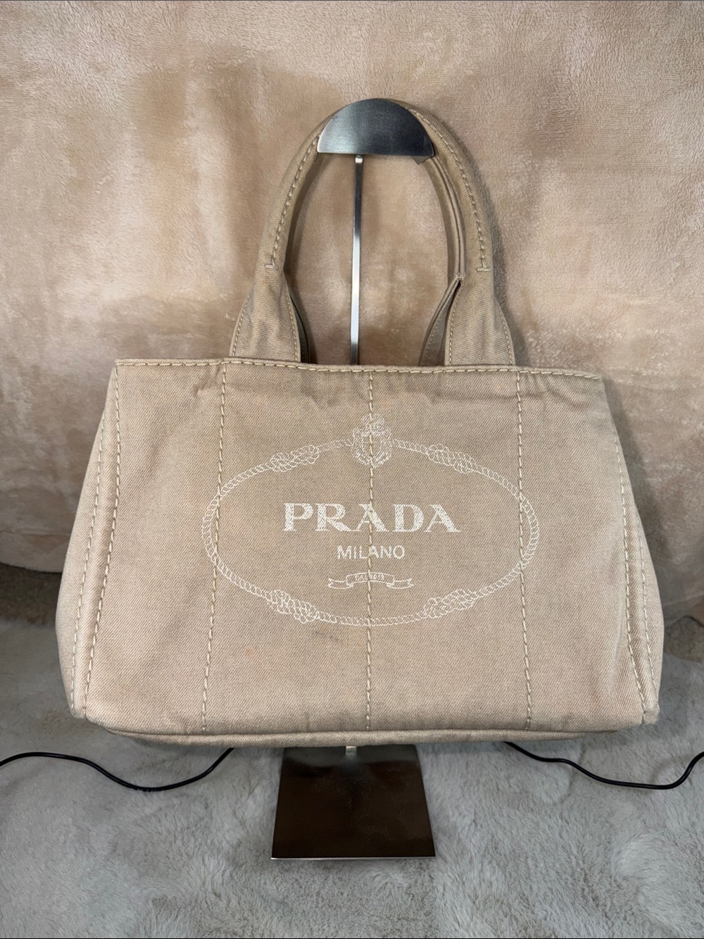 Prada Canapa Beige Canvas Logo Tote
